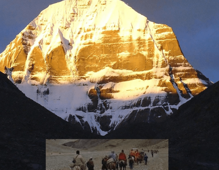 Majestic view of Mount Kailash, the sacred peak in the Himalayas revered by pilgrims, standing tall against a serene blue sky, symbolizing spiritual significance and divine power.